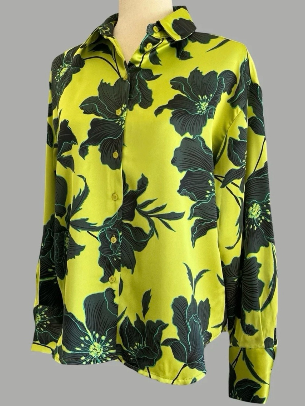 Bailey 44 Lime Green Satin Floral Button-Up Blouse